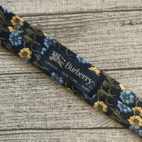 Vintage Burberrys Tie. Blue and Gold Flower Design. All Silk. Made By Hand. EUC.